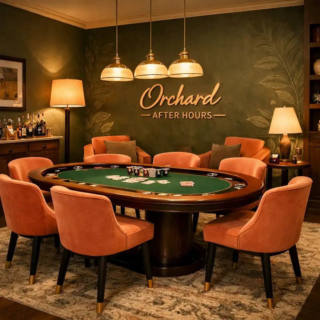 Elegáns Card Lounge belső tér, mély olíva falakkal és központi poker asztallal