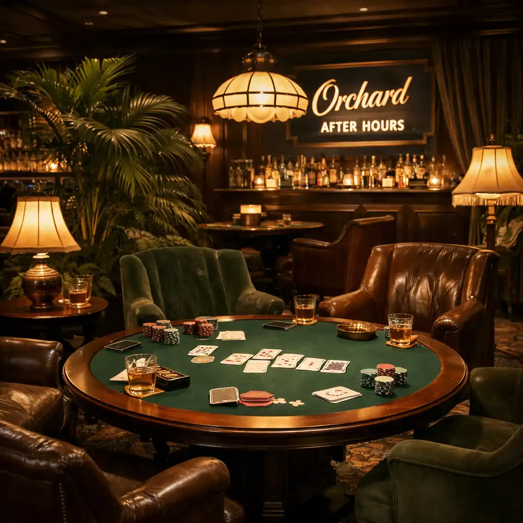 Elegáns card lounge kényelmes fotelekkel, kártyaasztallal és lágy világítással