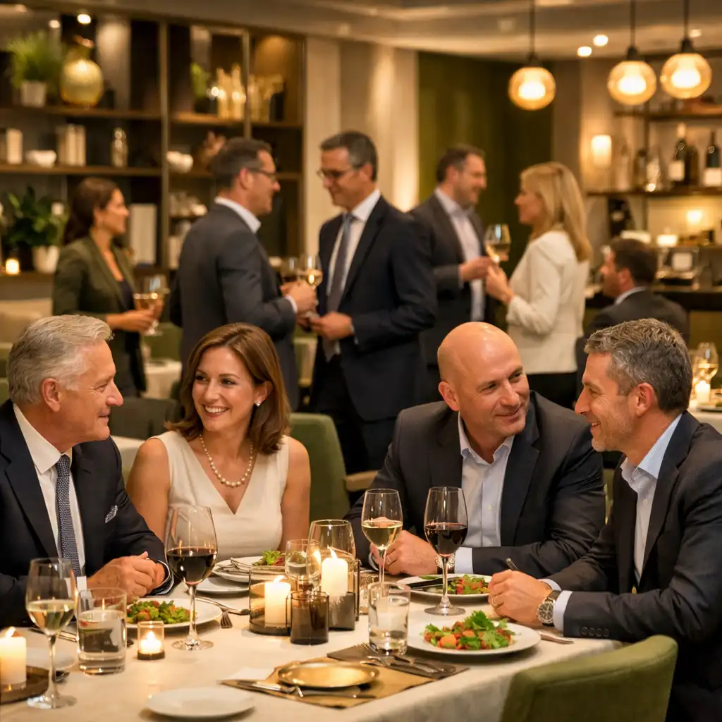 Vállalati rendezvény elegáns vacsorával, üzletemberek beszélgetnek modern étteremben