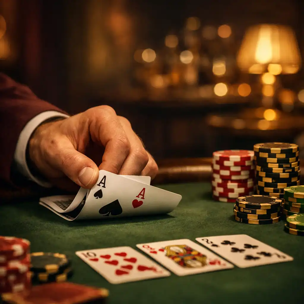 Részlet egy elegáns card lounge-ról: pókerasztal, kártyák, zsetonok és egy játékos keze, amint lapot emel
