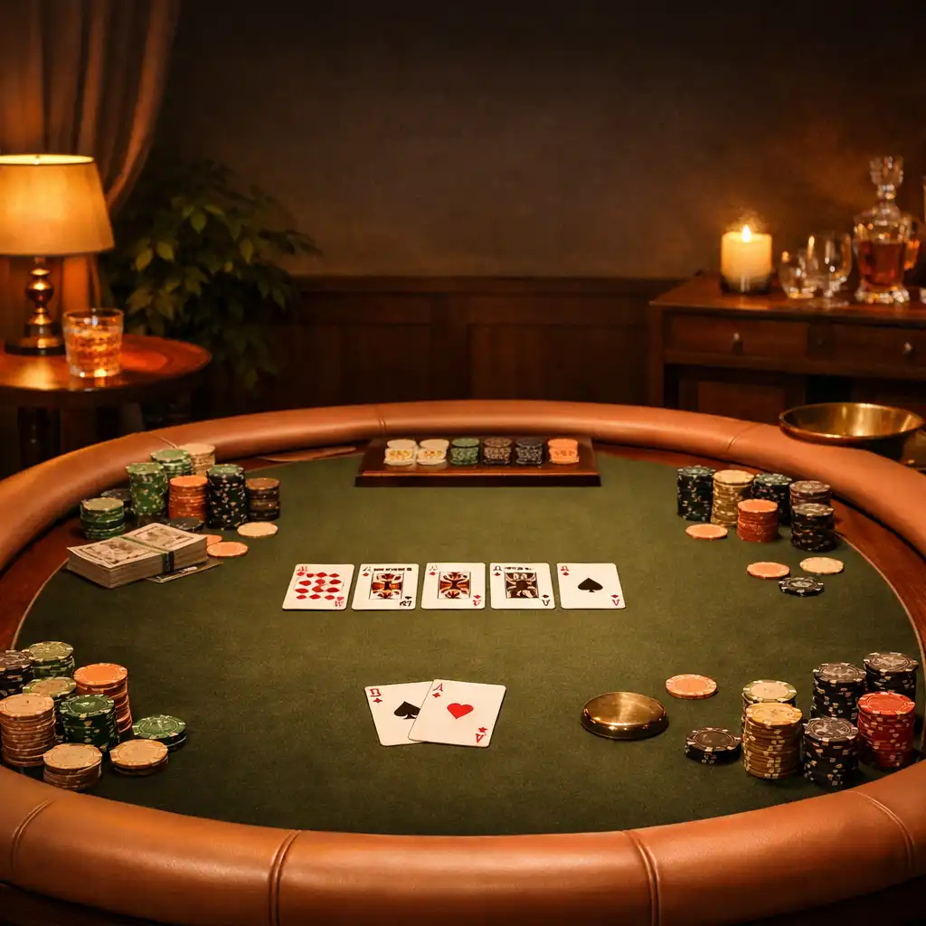 Elegáns offline poker asztal esti fényben, kártyákkal és zsetonokkal