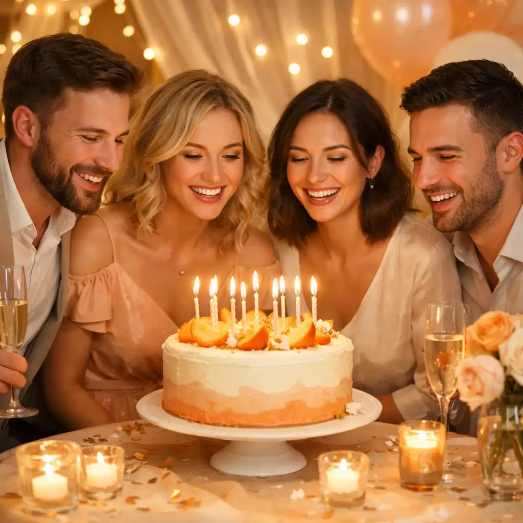 Születésnapi ünnepség elegáns dekorációval, torta gyertyákkal, baráti társaság