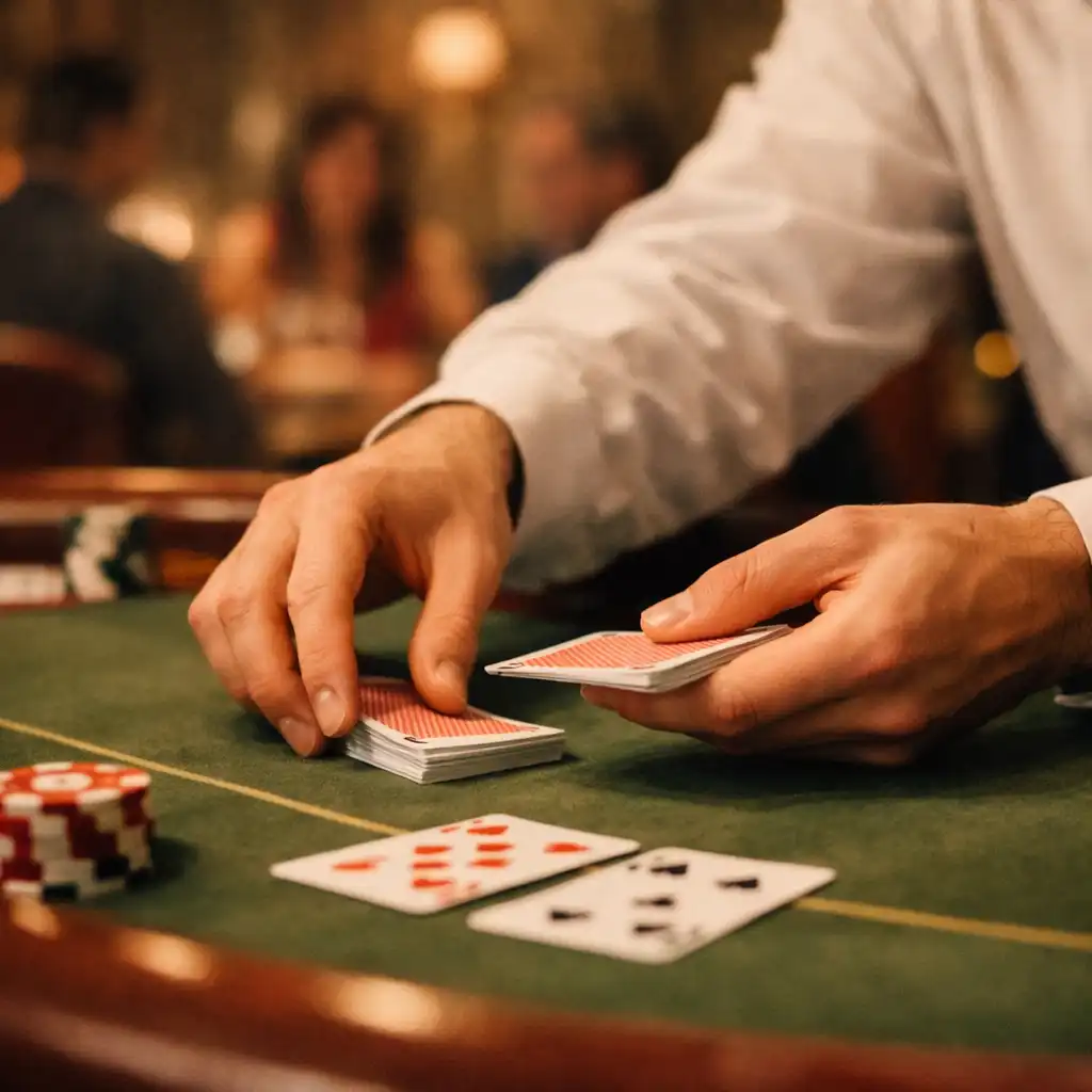Profi dealer osztja a kártyákat egy elegáns poker asztalnál