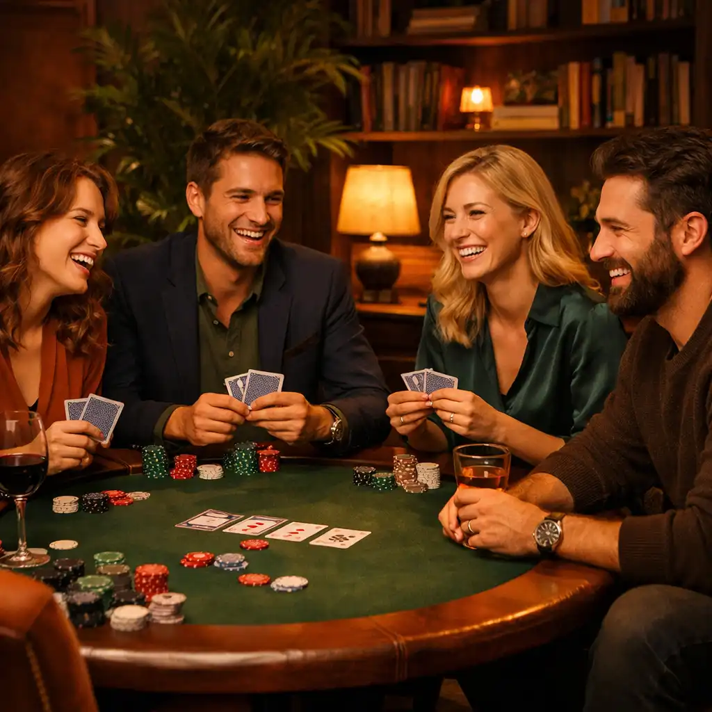 Társaság nevetve játszik Texas Hold'em-et egy elegáns nappaliban