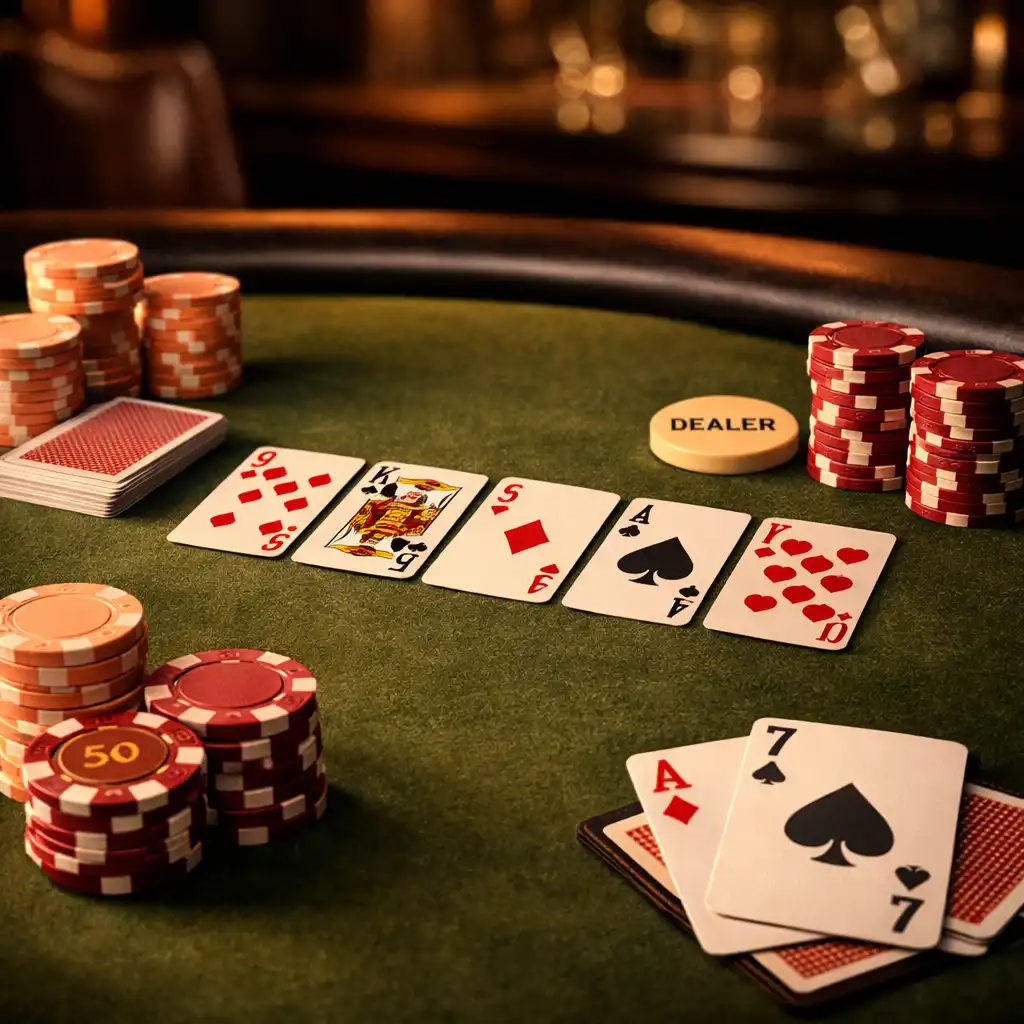 Professzionális Texas Hold'em asztal kártyákkal és zsetonokkal