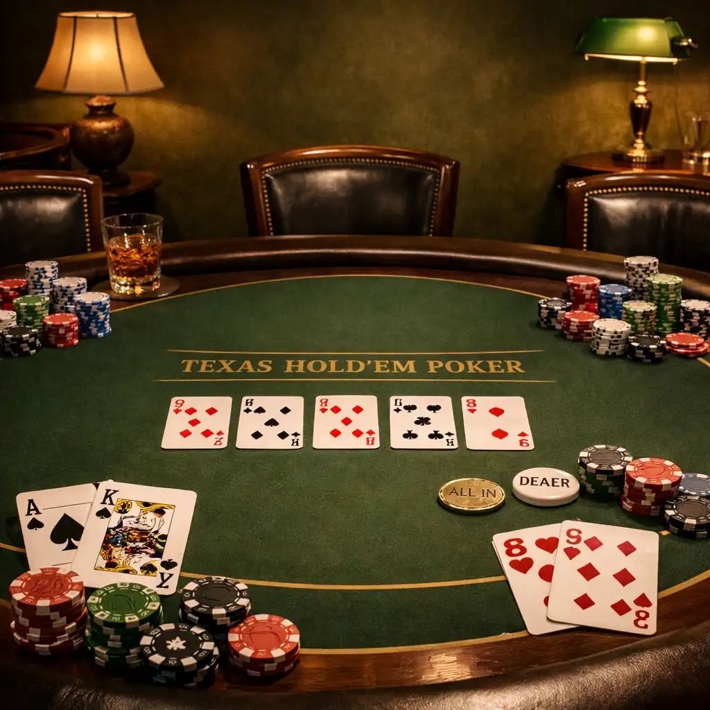 Texas Hold’em poker asztal kártyákkal és zsetonokkal, elegáns sötét olíva környezetben