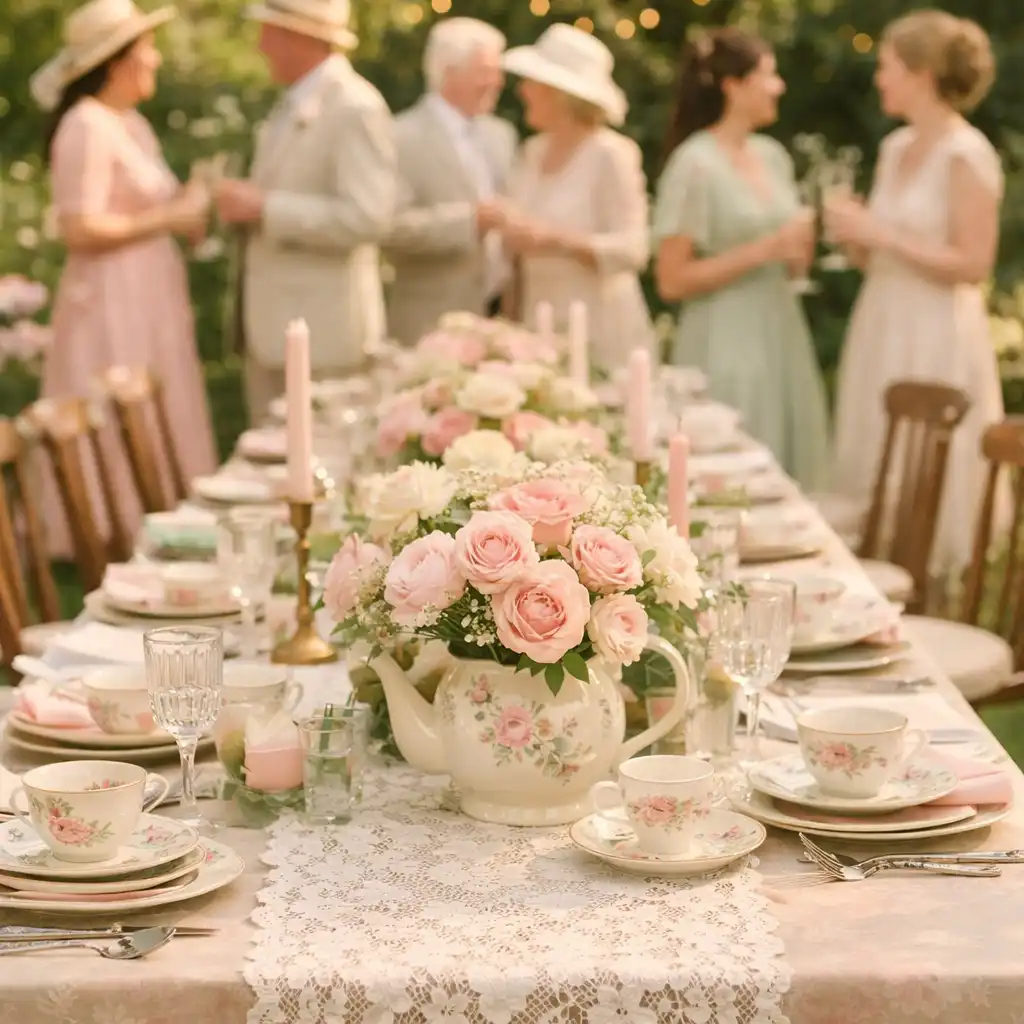 Vintage Garden Party hosszú asztallal, virágokkal és elegáns vendégekkel